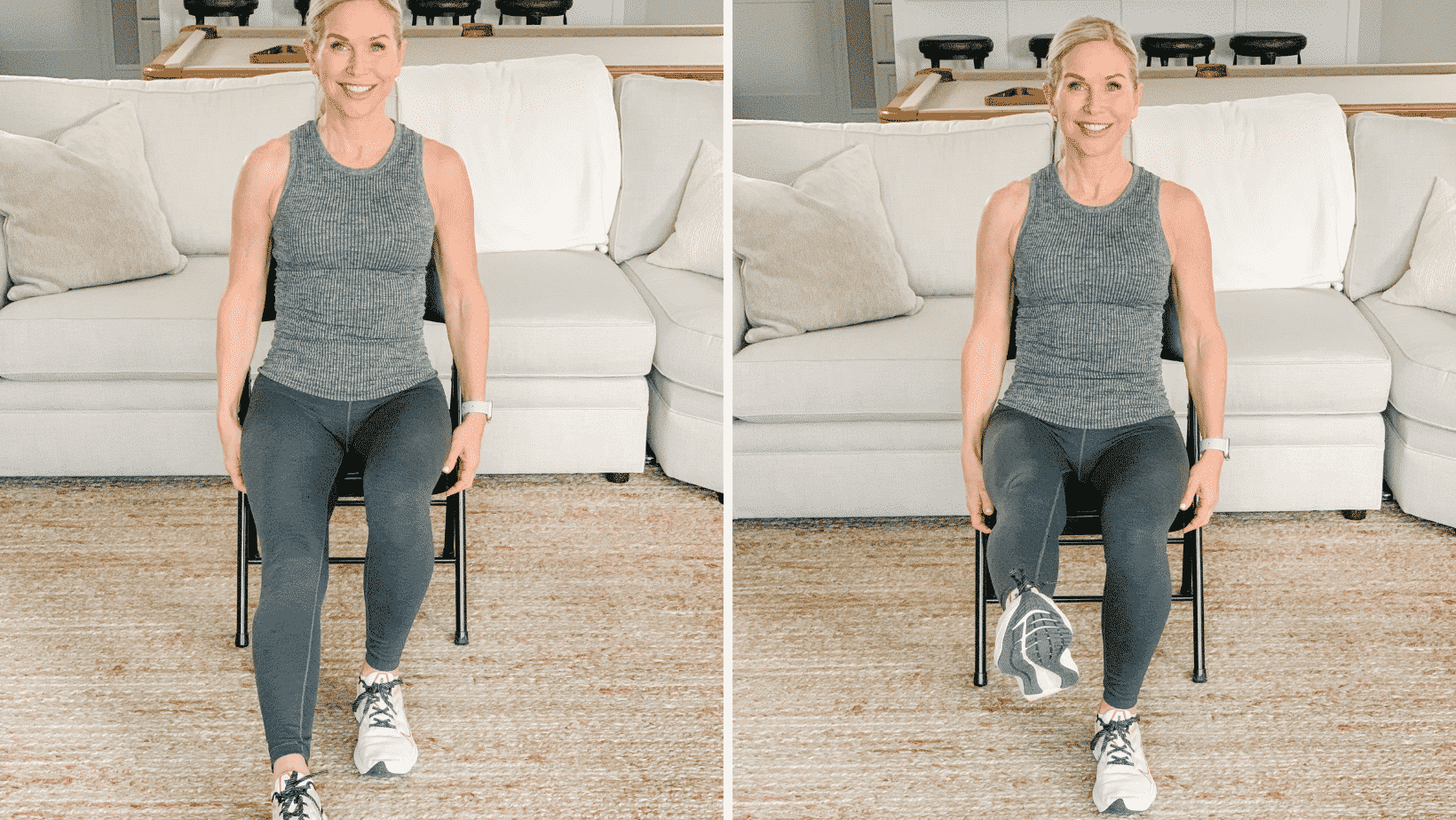 Chris Freytag demonstrating core exercises for older adults – seated leg lift